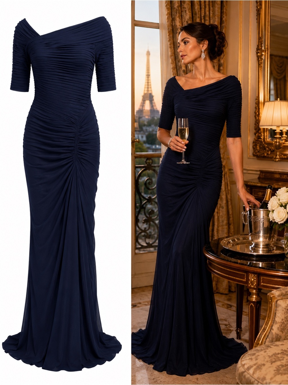 Tadashi Shoji Navy Blue Asymmetric Ruched Mesh Evening Gown Maxi Dress Sz Medium